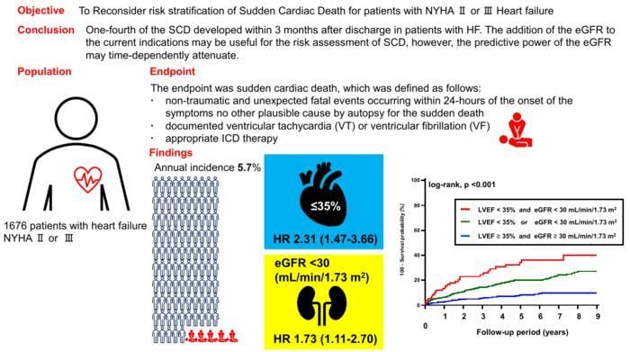 This study by Fujita Health University researchers revealed that kidney function, considered in terms of estimated glomerular filtration rate (eGFR), can be used as a predictor for SCD in patients with congestive heart failure.